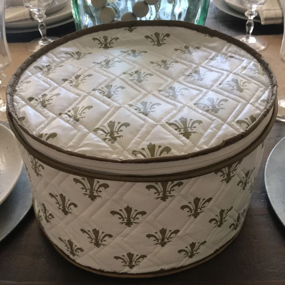 Vintage RARE Fleur De Lis Print Quilted Plastic Round Zipper Storage Set…
